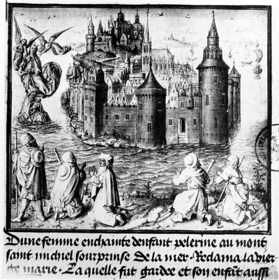 Mulher grávida em peregrinação ao Mont Saint-Michel é apanhada pela maré, mas milagrosamente salva através da intervenção da Virgem Maria de Jean I Le Tavernier