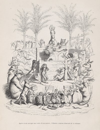 Depois de aceitar um copo de água doce, o ilustre orador desce do p..., ca. 1837-47. de Jean Ignace Isidore Gérard
