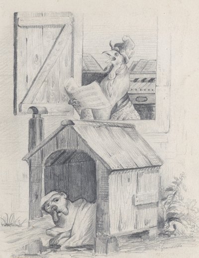 Cachorro na casinha, galo cantando na janela, ca. 1842. de Jean Ignace Isidore Gérard