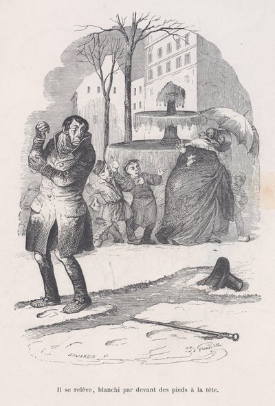 Ele levanta-se, coberto da cabeça aos pés pela neve. das Pequenas Misérias da Vida Humana, 1843. de Jean Ignace Isidore Gérard