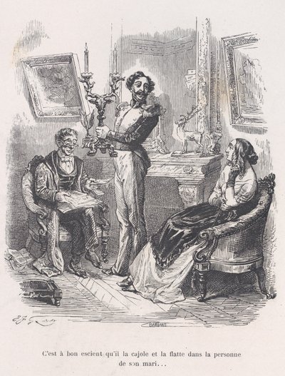 É bom que ele a persuade e a lisonjeia na frente do marido. da Pequena Miseri..., 1843. de Jean Ignace Isidore Gérard