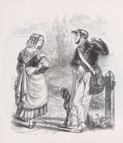 O caçador e a leiteira de The Complete Works of Béranger, 1836. de Jean Ignace Isidore Gérard
