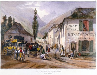 Chegada e reparo de uma diligência na Luz na estrada para Barreges, c.1840 de Jean Jacottet