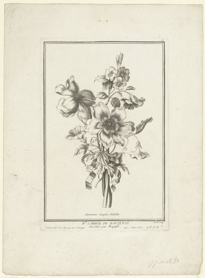 Buquê de anêmona e trepadeira Anêmonas simples, Volubilis (título no objeto) IIe Cahier de Bouquets (título da série) de Jean Jacques Avril (I)