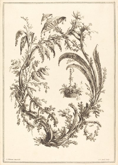 Ornamento com guarda-sol e cesto suspenso de Jean Jacques Avril I after Jean Baptiste Pillement