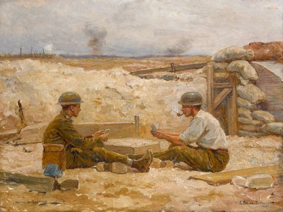Dois oficiais britânicos jogando cartas fora de seu abrigo, Secteur de Bapaume, 1918-20 de Jean Jacques Berne-Bellecour