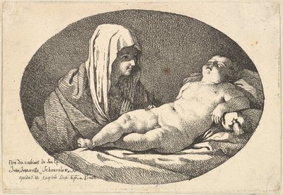 A Virgem à esquerda observando o menino Jesus dormindo, uma composição oval, depois de ..., 1760-63. de Jean Jacques Lagrenee