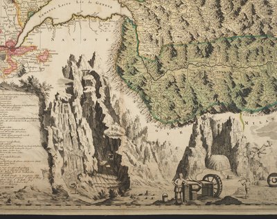 Um novo mapa geográfico da Suíça com os cantões e assuntos públicos mais famosos e poderosos da religião reformada de Tigurina, Berna, Glarus, Basileia, Scafusiana, Abade Cellana, detalhe, c.1712 (impressão colorida à mão) de Jean Jacques Scheuchzer