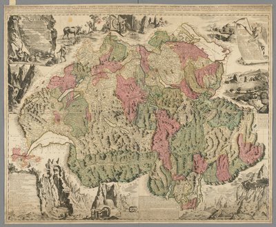 Um novo mapa da Suíça com os cantões mais famosos e poderosos e os assuntos públicos da religião reformada de Tigurina, Berna, Glarus, Basileia, Scafusiana, Abbot Cellana, c.1712 (impressão colorida à mão) de Jean Jacques Scheuchzer