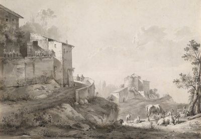 Uma paisagem ensolarada com casas no topo da colina de Jean Jacques de Boissieu