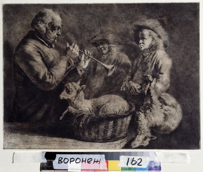 ""O oboísta"" (oboísta) Um músico tocando oboé na frente de dois pastores. Xilogravura de Jean Jacques de Boissieu (1736-1810) 1772 Museu de Belas Artes Ivan Kramskoy (ou Kramskoi) em Voronezh (Voronezh), Rússia. de Jean Jacques de Boissieu