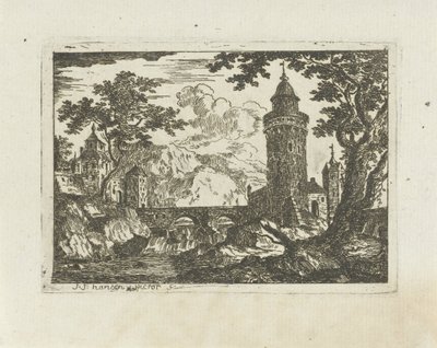 Torre e ponte de pedra numa paisagem de montanha de Jean Joseph Hanson