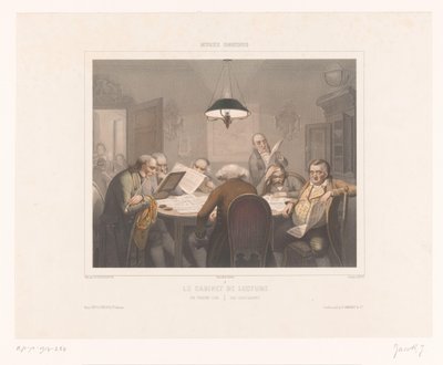 Sete homens lendo em uma mesa Le cabinet de lecture / O clube de leitura / Das lesecabinet (título no objeto) Representações de atividades especiais (título da série) Musée omnibus (título da série no objeto) de Jean Julien Jacott