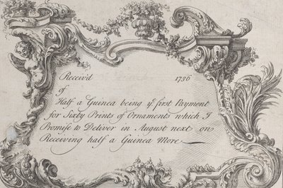 Cartão comercial para Frazer, Impressora do Exército, Papelaria e Encadernador, 1736. de Jean La Rocque