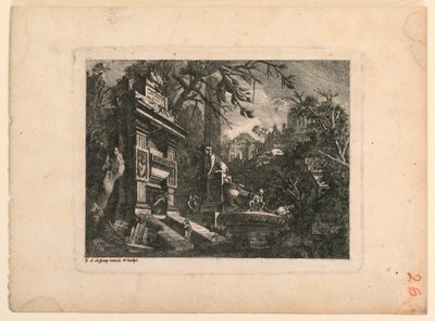 Fantasia arquitetônica com túmulo e ruínas, placa de "Giovan Inventione Ruins. Loren, Legeay Architet. Esculpido por ele mesmo em Luce 1768" de Jean Laurent Legeay