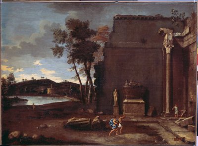 Paisagem com um sarcófago. Pintura de Jean Le Maire (1597-1659). Arte francesa, óleo sobre tela. Museu Hermitage, São Petersburgo de Jean Lemaire