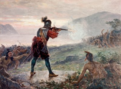 Batalha do Lago Champlain, entre as tribos iroquesas e uma coligação de tribos índias (algonquinos, hurões e montanheses) apoiadas pelos franceses, em 1609 - Pintura de Jean Leon Gerome Ferris (1863-1930 ) de Jean Leon Gerome