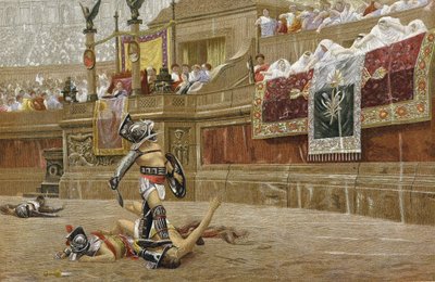 Gladiadores na arena romana: os espectadores fazem o sinal de "polegar para baixo", indicando que o vencedor não deve poupar o seu adversário. Cromolitografia segundo a pintura de JL Gerome. de Jean Leon Gerome