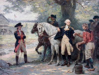 Guerra da Independência Americana (1775-1783): George Washington (1732-1789) a meio caminho de Brook, perto do acampamento militar do Exército Continental, um jovem traz-lhe uma bebida - Pintura de Jean Leon Gerome Ferris (1863-1930 ) de Jean Leon Gerome