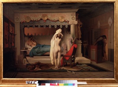 "Representação do Rei Lydian Candaule (ou Caudale)" O rei mostra a sua esposa nua à sua confidente Gyges, escondida nas sombras enquanto se despe no quarto. Pintura de Jean Leon Gerome (1824-1904) Depois de 1859 Museu Pushkin, Moscovo de Jean Leon Gerome