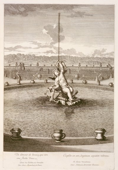 Fonte com Cupido disparando uma flecha de jato de água, projetada por Louis Lerambert, em Versalhes, 1677 de Jean Lepautre