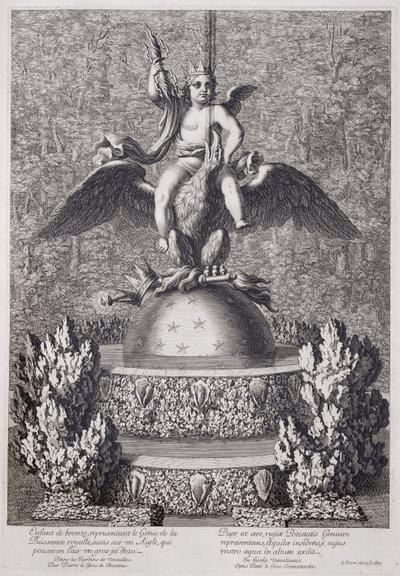 Fontes com uma criança representando o gênio da potência real por Pierre le Gros, em Versalhes, 1677 de Jean Lepautre