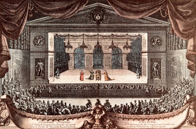"Le malade imaginaire" (O Inválido Imaginário) de Jean Baptiste Poquelin dit Moliere em Versalhes (gravura colorida) de Jean Lepautre