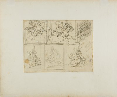 Quatro esboços de um trompetista montado e de um lanceiro polaco de Jean Louis André Théodore Géricault