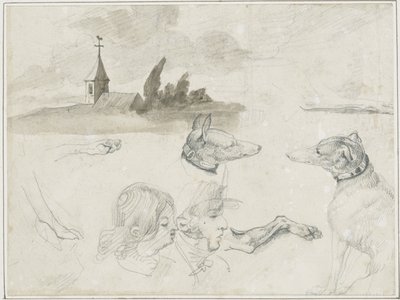 Folha de esboços: Galgos; uma cabeça de macho e uma cabeça de fêmea em de Jean Louis André Théodore Géricault