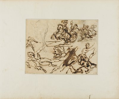 Folha de esboços: Lanceiros, nus em dificuldades, outros temas de Jean Louis André Théodore Géricault