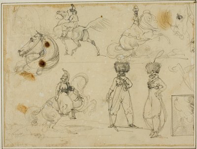 Folha de esboços: Soldados, cavalos e uma paisagem de Jean Louis André Théodore Géricault