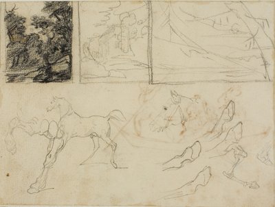 Folha de esboços: três paisagens, cavalos e cascos de Jean Louis André Théodore Géricault