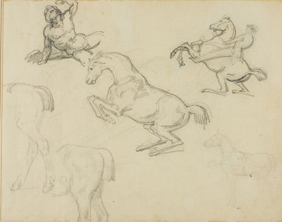 Esboços: Nu reclinado, um cavaleiro e vários cavalos de Jean Louis André Théodore Géricault