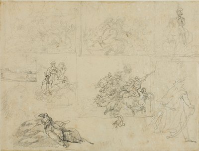 Esboços de uma batalha de cavalaria, soldados e uma paisagem de Jean Louis André Théodore Géricault