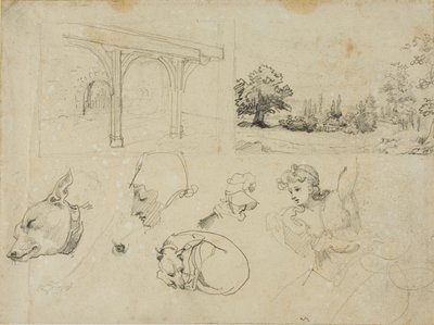 Esboços de um barracão, uma paisagem, cães e várias figuras de Jean Louis André Théodore Géricault