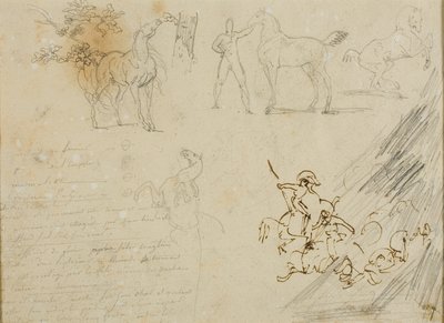 Esboços de cavalos, noivo a segurar o cavalo, uma batalha de cavalaria de Jean Louis André Théodore Géricault