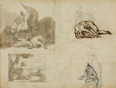 Esboços de uma batalha de cavalaria, uma paisagem com vacas e outras composições de Jean Louis André Théodore Géricault