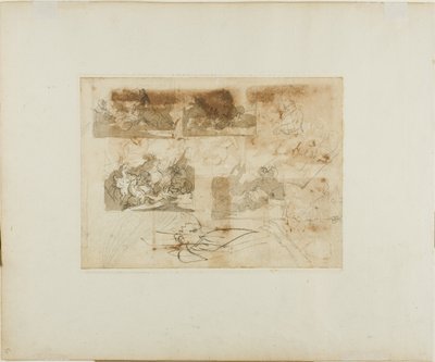 Esboços de uma batalha de cavalaria, cabeça e patas de um galgo de Jean Louis André Théodore Géricault