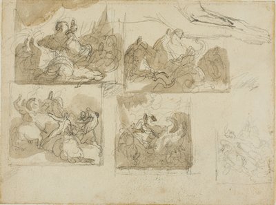 Esboços de uma batalha de cavalaria e as patas dianteiras de um cão de Jean Louis André Théodore Géricault