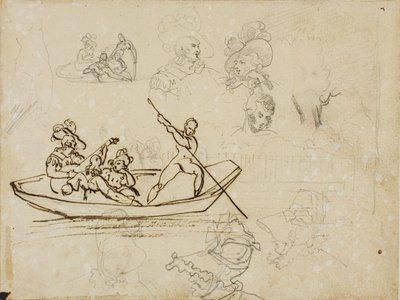 Esboços de uma festa musical num barco e de uma mulher que usa um chapéu alto de Jean Louis André Théodore Géricault