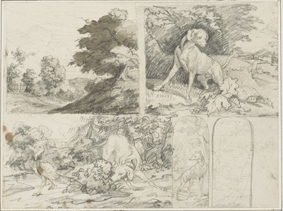 Esboços de um sítio arborizado, cães e faisões na paisagem de Jean Louis André Théodore Géricault
