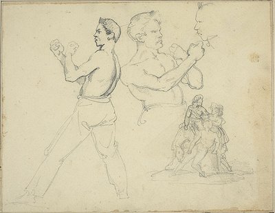 Estudos de pugilistas e esboço de um cavaleiro assistido por duas figuras de Jean Louis André Théodore Géricault
