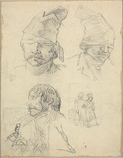 Estudos de cabeça e dois estudos de composição de Jean Louis André Théodore Géricault