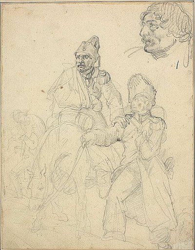 Estudo de um grupo de figuras, com pormenor da cabeça de um granadeiro de Jean Louis André Théodore Géricault