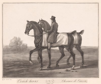 Cavaleiro acompanha dois cavalos Chevaux de Carosse (título no objeto) de Jean Louis Darcis (attributed to)