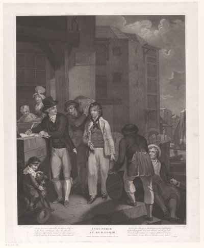 Grupo de figuras em frente a um armazém em um porto Indústria e Economia (título no objeto) de Jean Louis Darcis