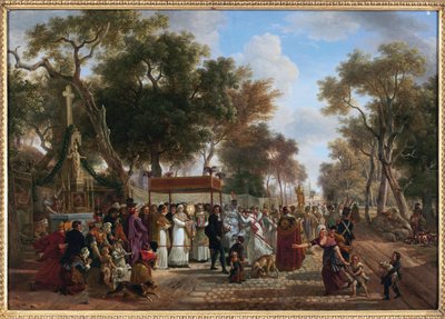 La procession du Corpus Christi dans un village - A procissão do Corpus Christi numa aldeia, de Jean Louis Demarne (De Marne ou Demarnette) (ca. 1752-1829). Óleo sobre madeira. Dimensão : 48x67 cm. Coleção Privada de Jean Louis Demarne