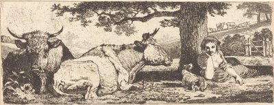 Duas vacas e uma mulher deitada de Jean Louis Demarne