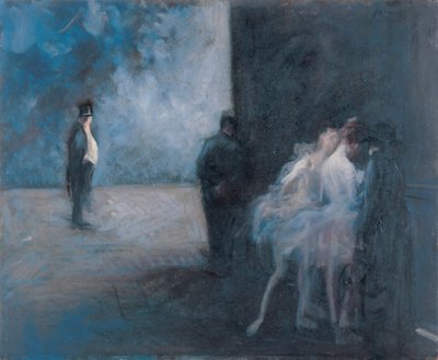 Bastidores - Sinfonia em Azul par Forain, Jean Louis (1852-1931), Entre 1900 e 1923 - Óleo sobre madeira, 45,3x54,7 - Museu de Arte de Ohara, Kurashiki de Jean Louis Forain