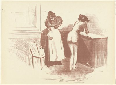 A mulher nua lava e a criada fica ao seu lado
Croquis
La Friction au gant de crin
L